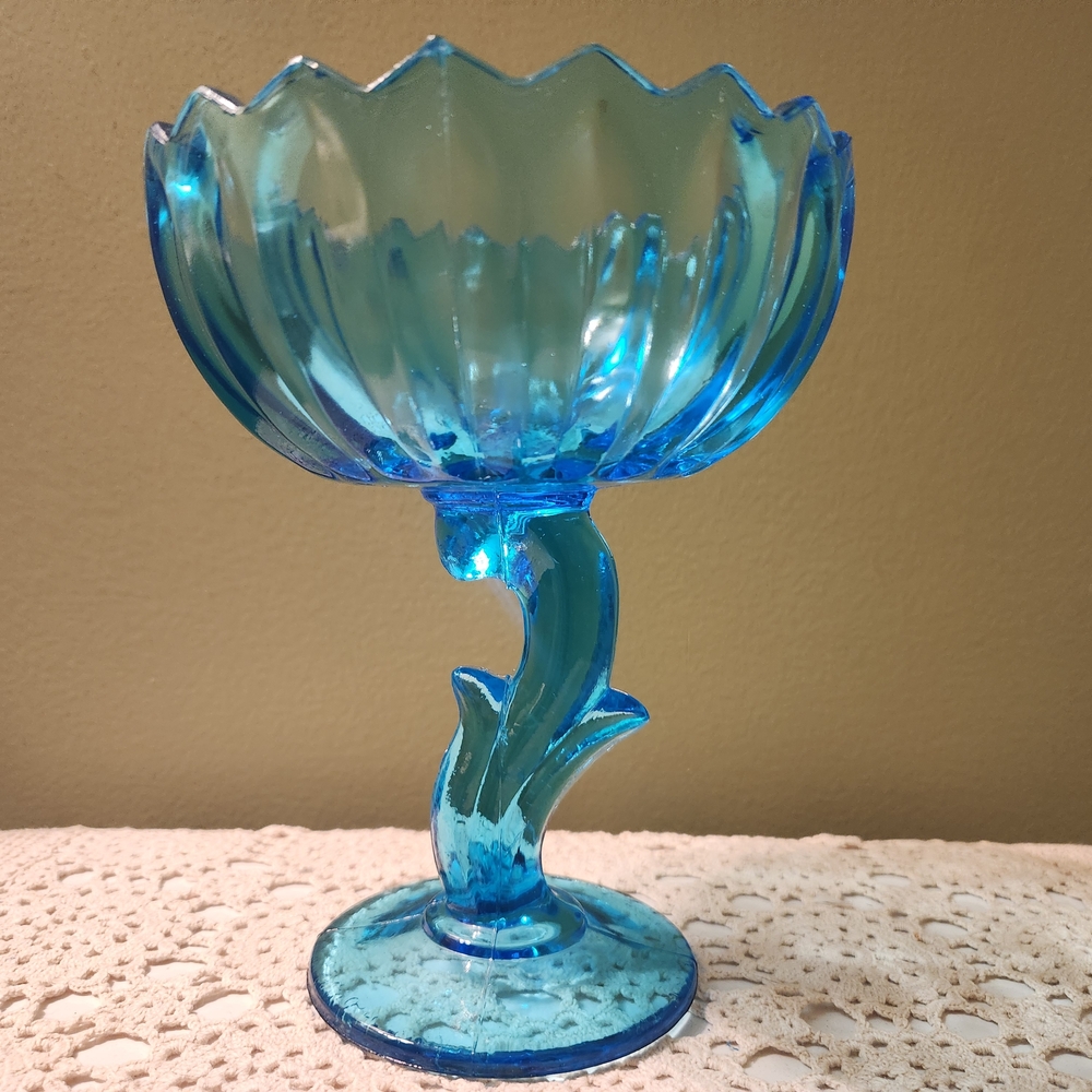 Indiana Glass Aqua Blue Footed Lotus Compote / Candy Dish - Picture 5 of 16